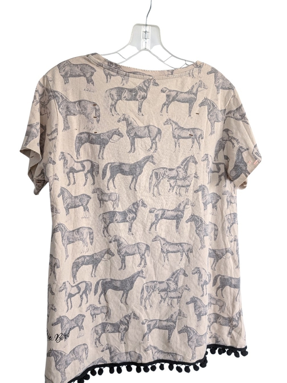 A Rare Bird Horse Print Distressed Pom Pom Hem Top, Small - Picture 5 of 6